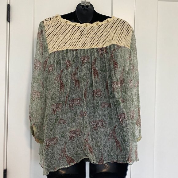 Handmade Animal Print Blouse Sheer Long Sleeve Shirt Top Size Medium / Large - Picture 6 of 6